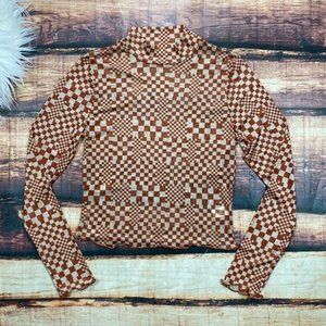 Checkered Mesh Mock Neck Long Sleeve Top